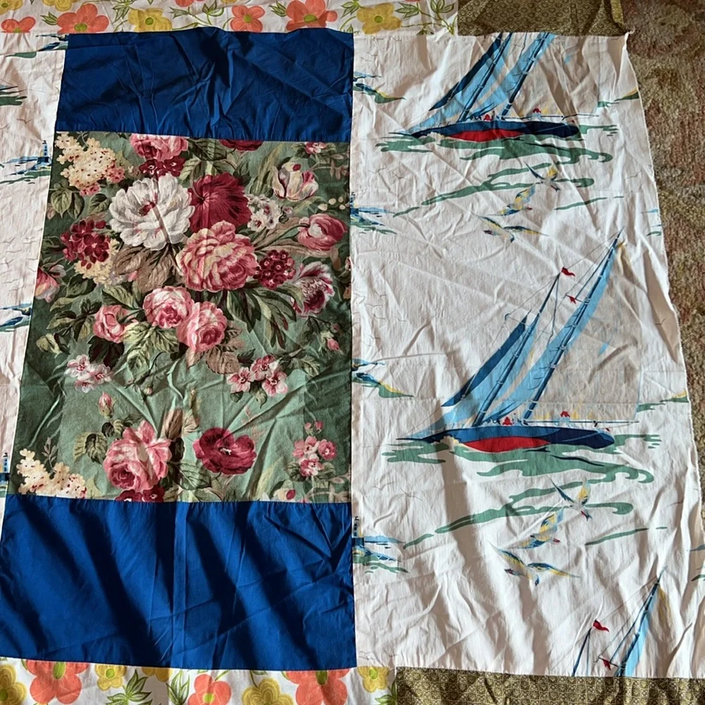 MCM handmade Quilt top unfinished sailing boats 54” x 92”